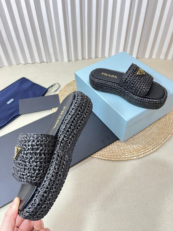 PRA CROCHET FLATFORM SLIDES BLACK RAFFIA