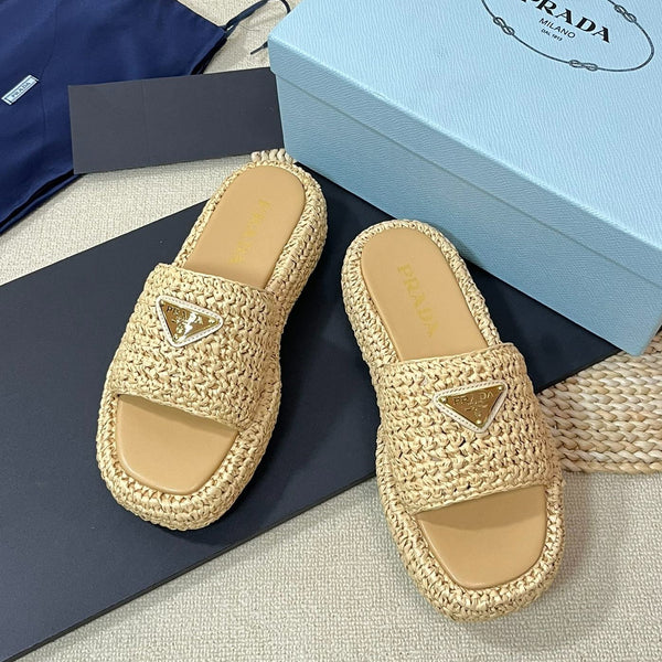PRA WEDGE FLATFORM SLIDES BEIGE RAFFIA