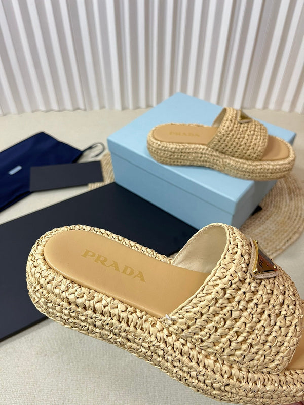 PRA WEDGE FLATFORM SLIDES BEIGE RAFFIA