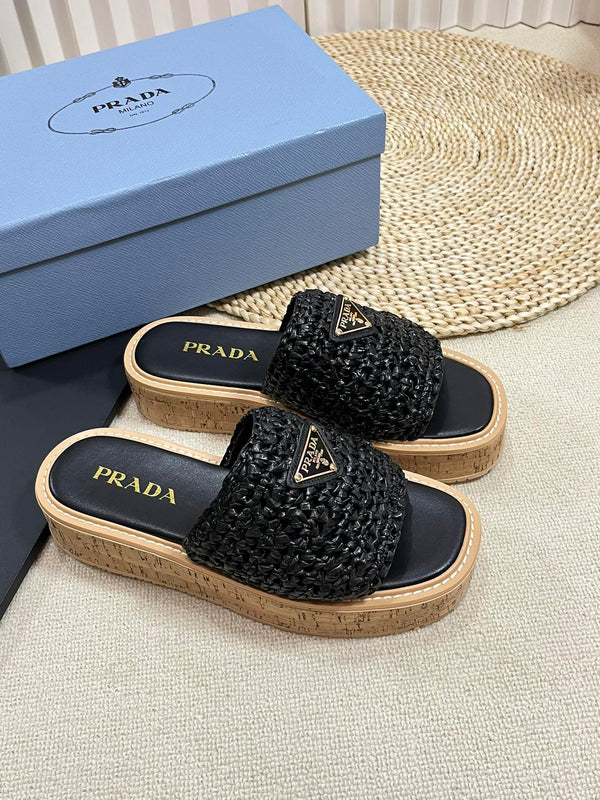 PRA WEDGE FLATFORM SLIDES BLACK RAFFIA
