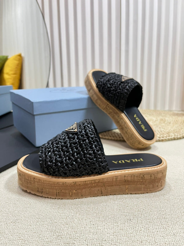 PRA WEDGE FLATFORM SLIDES BLACK RAFFIA