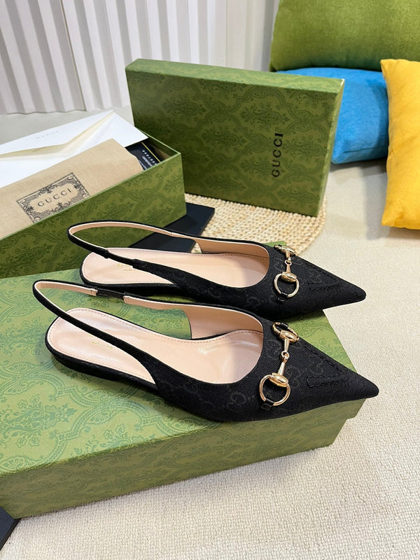 GC Horsebit Slingback Pump 10mm Black Canvas Sheepskin 294552