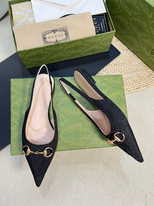 GC Horsebit Slingback Pump 10mm Black Canvas Sheepskin 294552