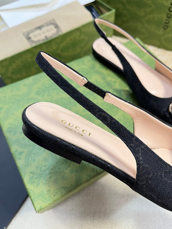 GC Horsebit Slingback Pump 10mm Black Canvas Sheepskin 294552