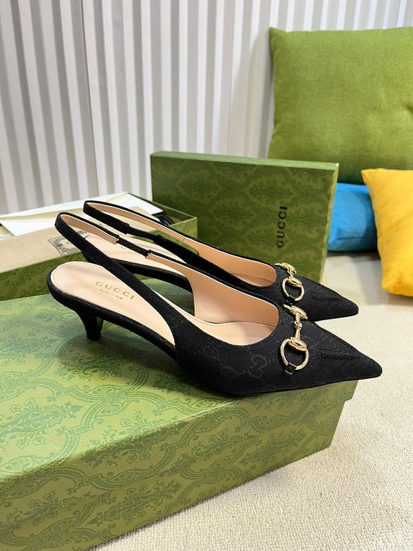 GC Horsebit Slingback Pump 50mm Nero Canvas Montone 294558