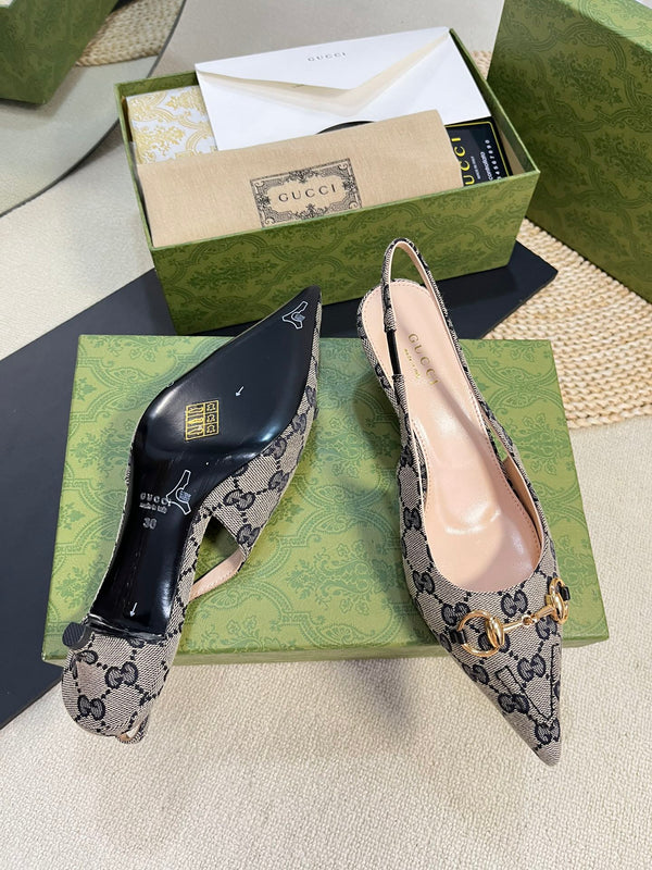 GC Horsebit Slingback Pump 50mm Beige mix Blue Canvas Sheepskin 294559