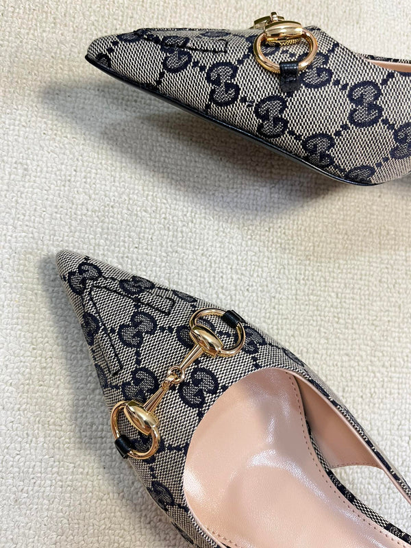 GC Horsebit Slingback Pump 50mm Beige mix Blue Canvas Sheepskin 294559