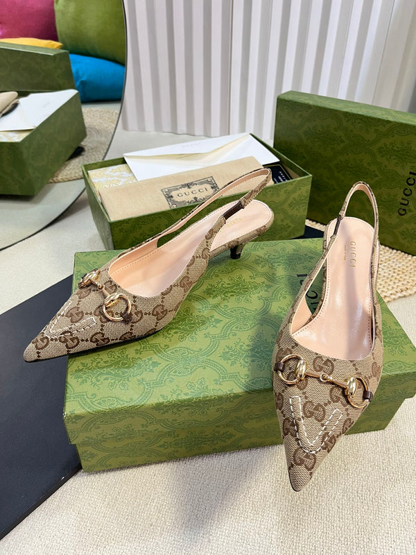 GC Horsebit Slingback Pump 50mm Beige mix Brown Canvas Sheepskin 294560