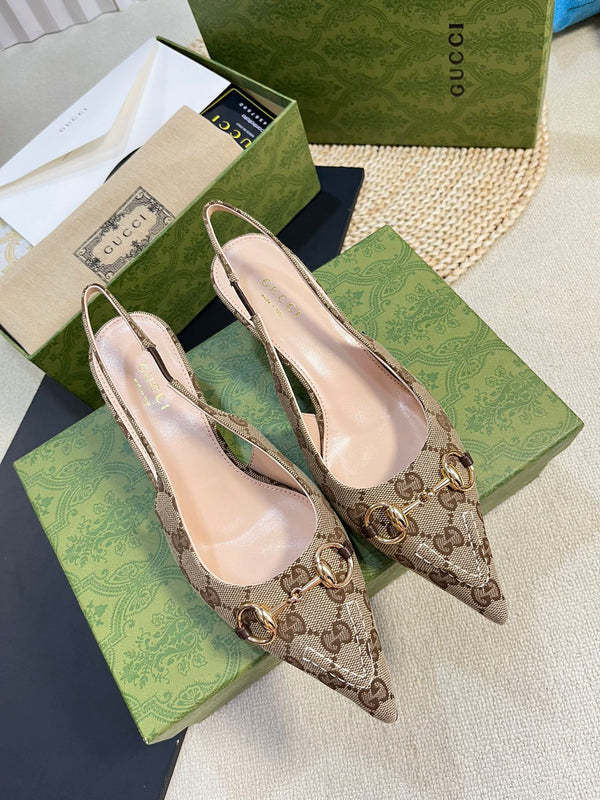 GC Horsebit Slingback Pump 50mm Beige mix Brown Canvas Sheepskin 294560