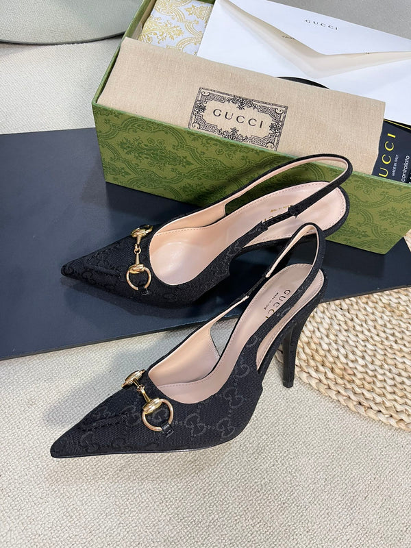 GC Horsebit Slingback Pump 100mm Black Canvas Sheepskin 294564