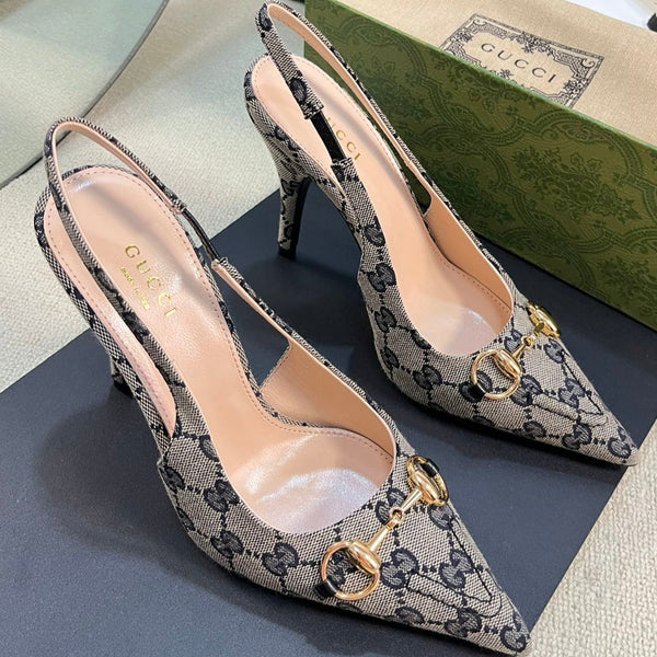 GC Horsebit Slingback Pump 100mm Beige mix Blue Canvas Sheepskin 294565