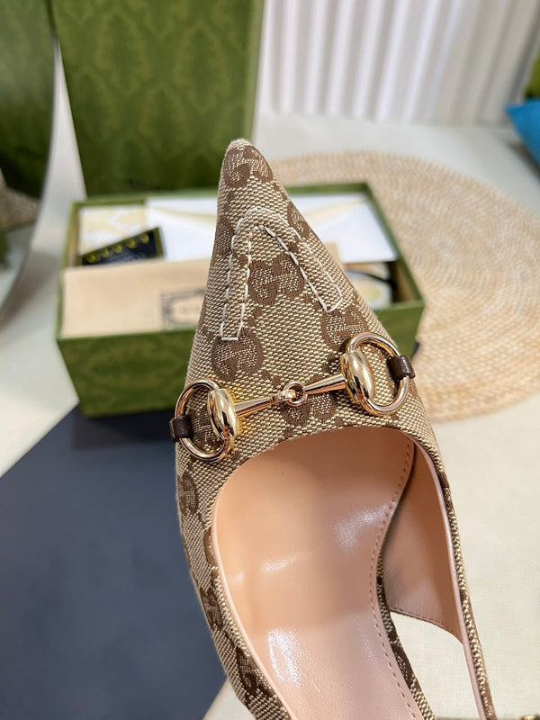 GC Horsebit Slingback Pump 100mm Beige mix Brown Canvas Sheepskin 294566