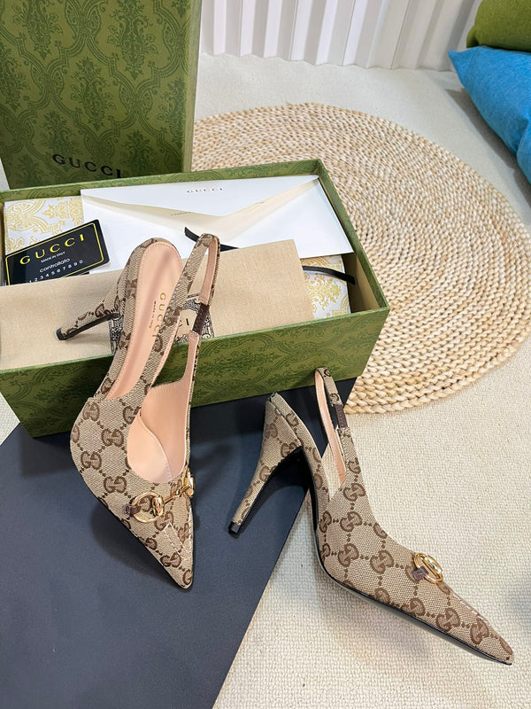 GC Horsebit Slingback Pump 100mm Beige mix Brown Canvas Sheepskin 294566