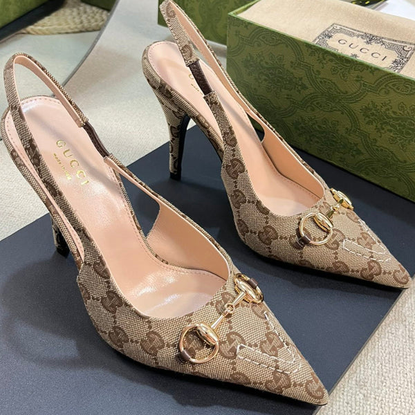 GC Horsebit Slingback Pump 100mm Beige mix Brown Canvas Sheepskin 294566