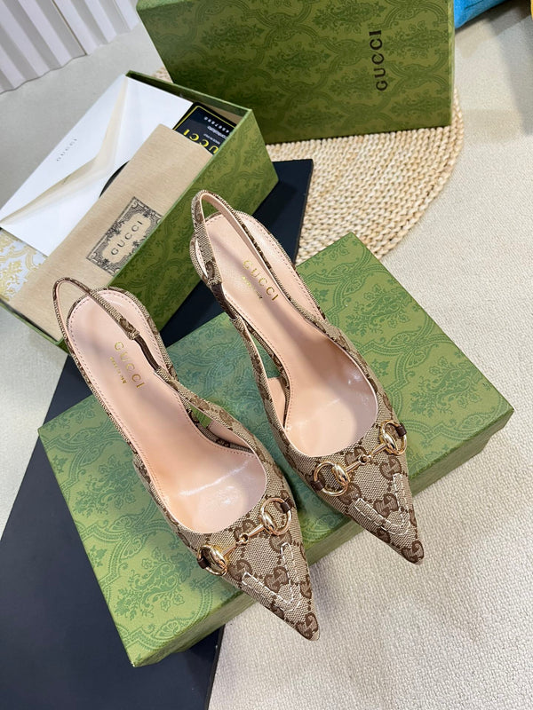 GC Horsebit Slingback Pump 100mm Beige mix Brown Canvas Sheepskin 294566