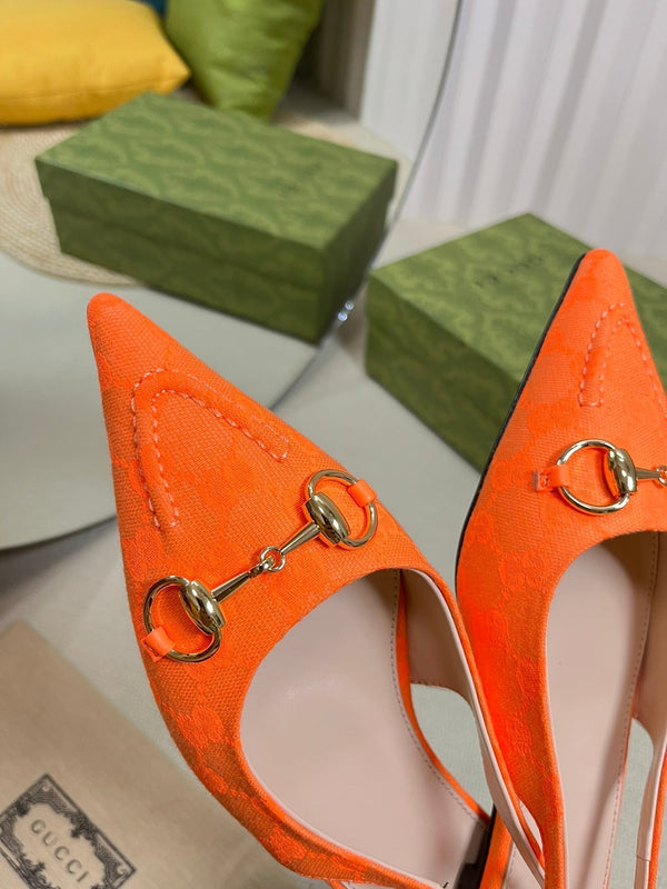 GC Horsebit Slingback Pump 10mm Orange Canvas Sheepskin 294540