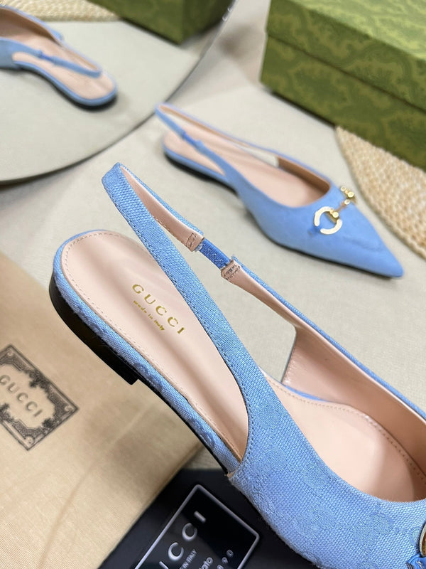 GC Horsebit Slingback Pump 10mm Blue Canvas Sheepskin 294542