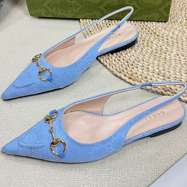 GC Horsebit Slingback Pump 10mm Blue Canvas Sheepskin 294542