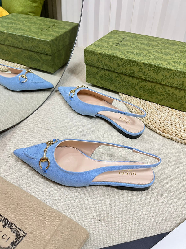 GC Horsebit Slingback Pump 10mm Blue Canvas Sheepskin 294542