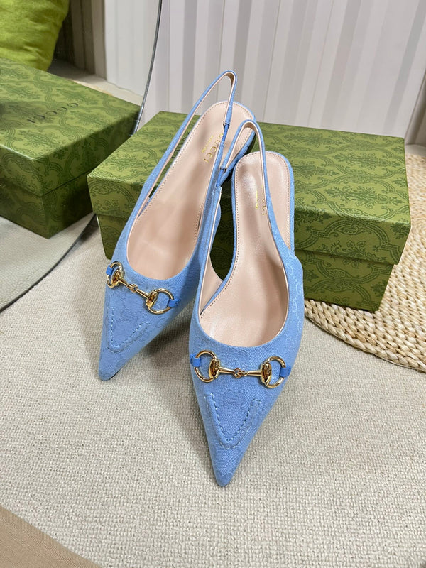 GC Horsebit Slingback Pump 10mm Blue Canvas Sheepskin 294542