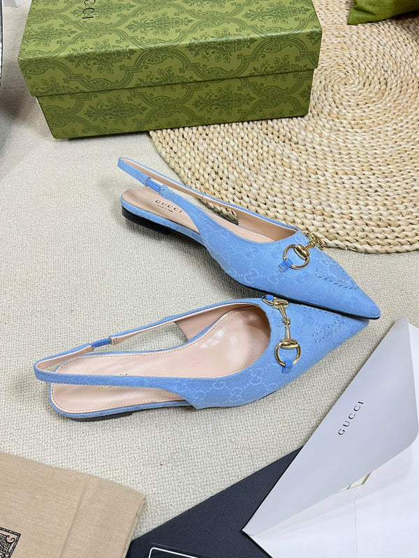 GC Horsebit Slingback Pump 10mm Blue Canvas Sheepskin 294542