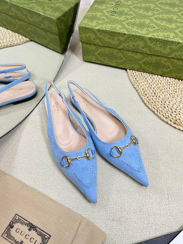 GC Horsebit Slingback Pump 10mm Blue Canvas Sheepskin 294542