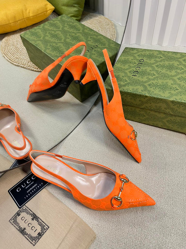 GC Horsebit Slingback Pump 50mm Orange Canvas Sheepskin 294544