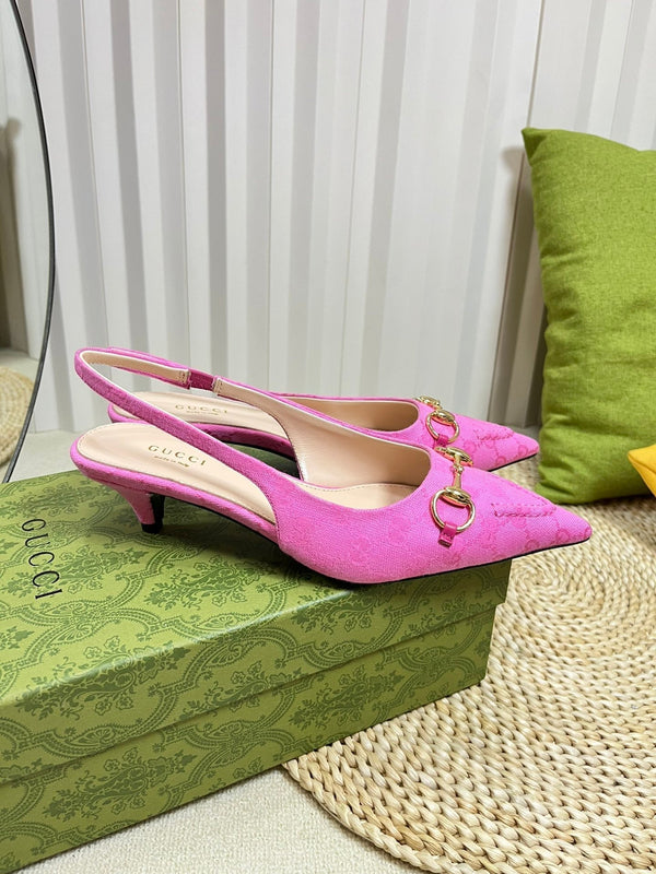 GC Horsebit Slingback Pump 50mm Pink Canvas Sheepskin 294547