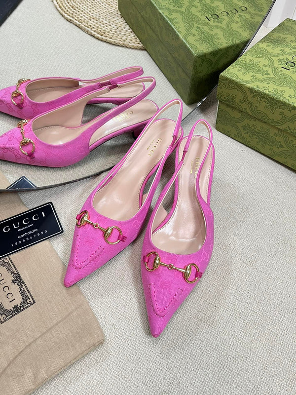 GC Horsebit Slingback Pump 50mm Pink Canvas Sheepskin 294547