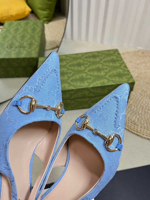 GC Horsebit Slingback Pump 50mm Blu Canvas Montone 294546