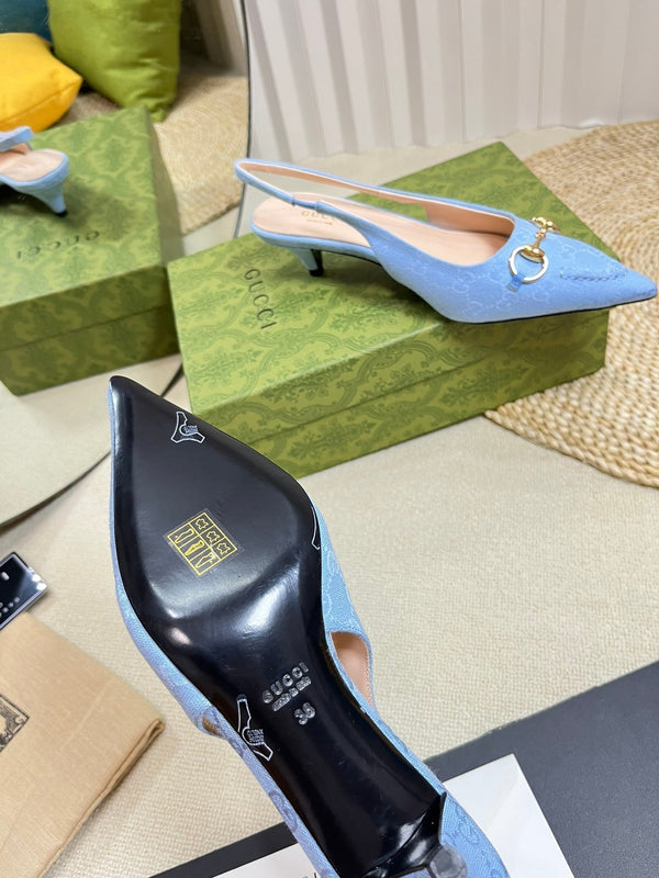 GC Horsebit Slingback Pump 50mm Blu Canvas Montone 294546