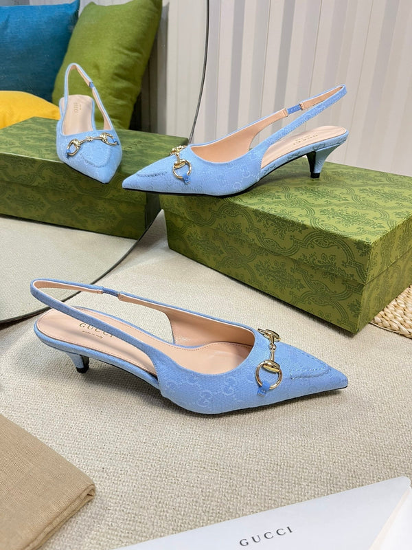 GC Horsebit Slingback Pump 50mm Blu Canvas Montone 294546