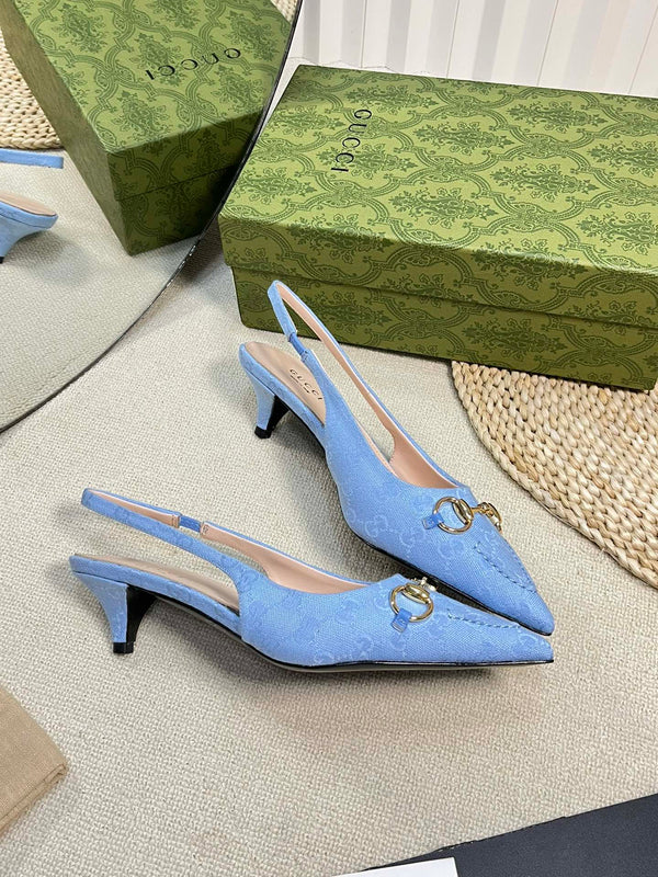 GC Horsebit Slingback Pump 50mm Blu Canvas Montone 294546