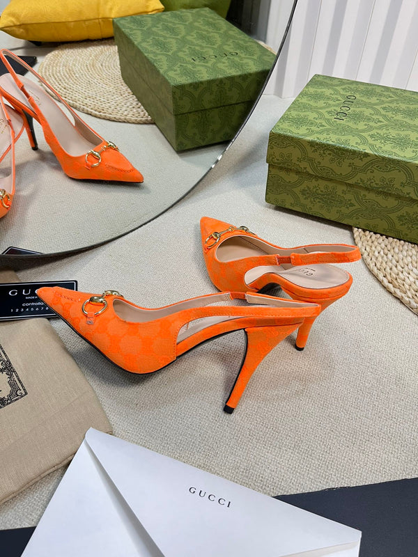 GC Horsebit Slingback Pump 100mm Orange Canvas Sheepskin 294548