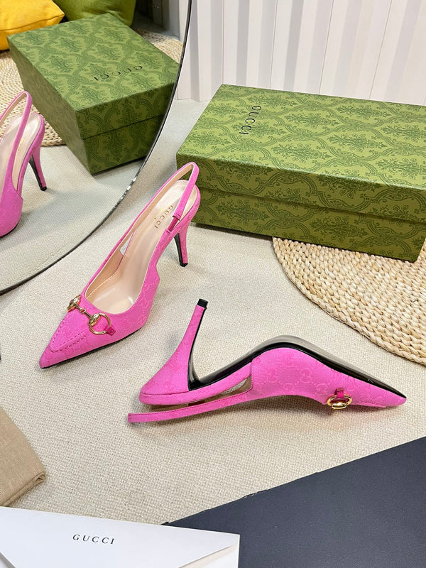 GC Horsebit Slingback Pump 100mm Pink Canvas Sheepskin 294551