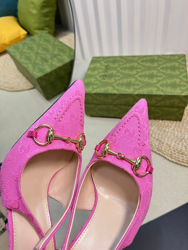 GC Horsebit Slingback Pump 100mm Pink Canvas Sheepskin 294551