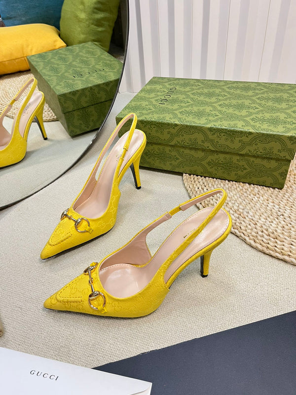 GC Horsebit Slingback Pump 100mm Yellow Canvas Sheepskin 294549