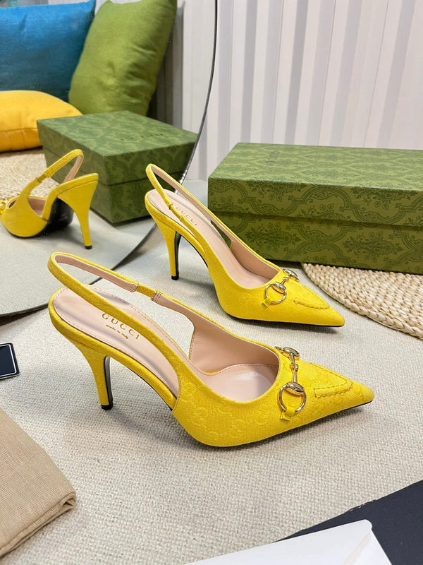 GC Horsebit Slingback Pump 100mm Yellow Canvas Sheepskin 294549