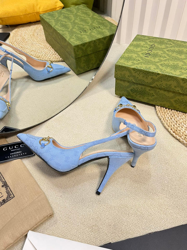 GC Horsebit Slingback Pump 100mm Blue Canvas Sheepskin 294550