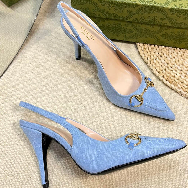 GC Horsebit Slingback Pump 100mm Blue Canvas Sheepskin 294550
