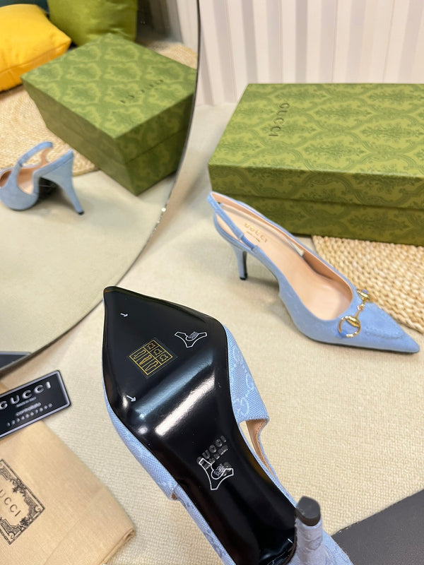 GC Horsebit Slingback Pump 100mm Blue Canvas Sheepskin 294550