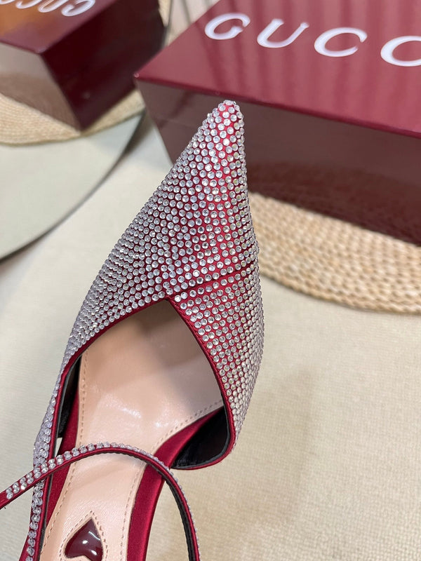 HIGH SLINGBACK 10 CM IN CHERRY RED SILK WITH FULL RHINSTONES