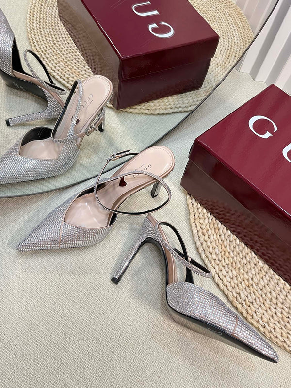 GC Crystal-Embellished Slingbacks Silver Silk Sheepskin 294610