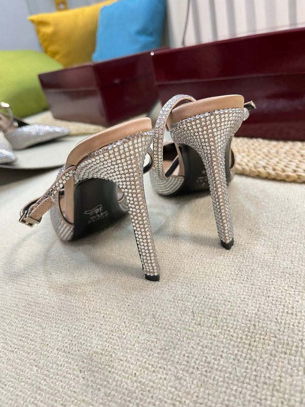 GC Crystal-Embellished Slingbacks Silver Silk Sheepskin 294610