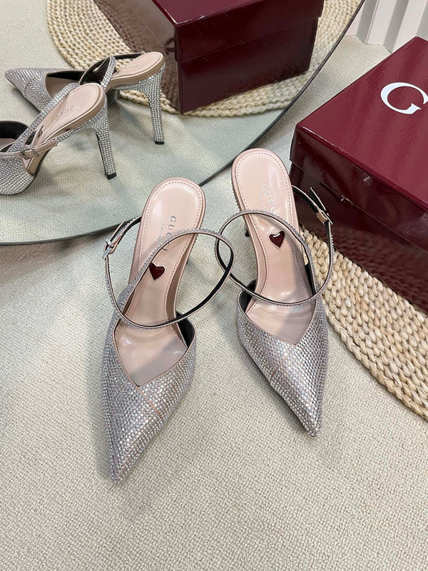 GC Crystal-Embellished Slingbacks Silver Silk Sheepskin 294610