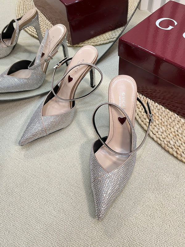 GC Crystal-Embellished Slingbacks Silver Silk Sheepskin 294610