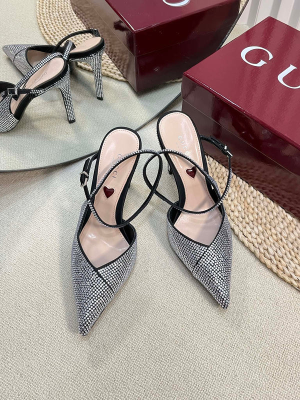 HIGH SLINGBACK 10 CM IN BLACK SILK WITH FULL RHINSTONES