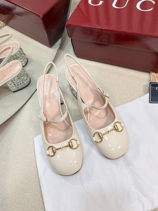 GC Horsebit Slingback with Crystal 60mm Ivory Patent Leather 294599