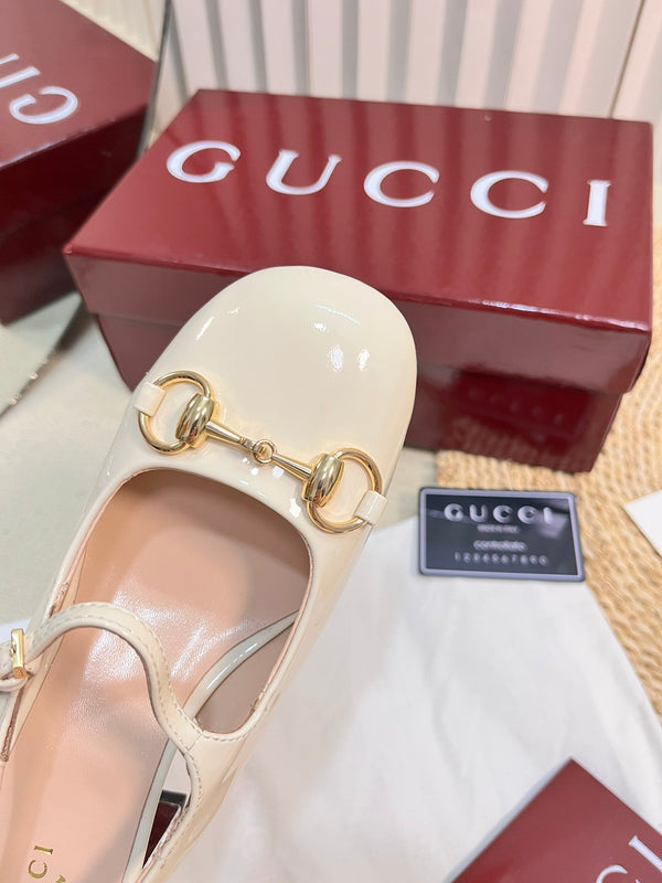 GC Horsebit Slingback with Crystal 60mm Ivory Patent Leather 294599