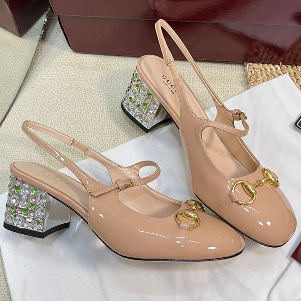 GC Horsebit Slingback with Crystal 65mm Rose Beige Patent Leather 294601